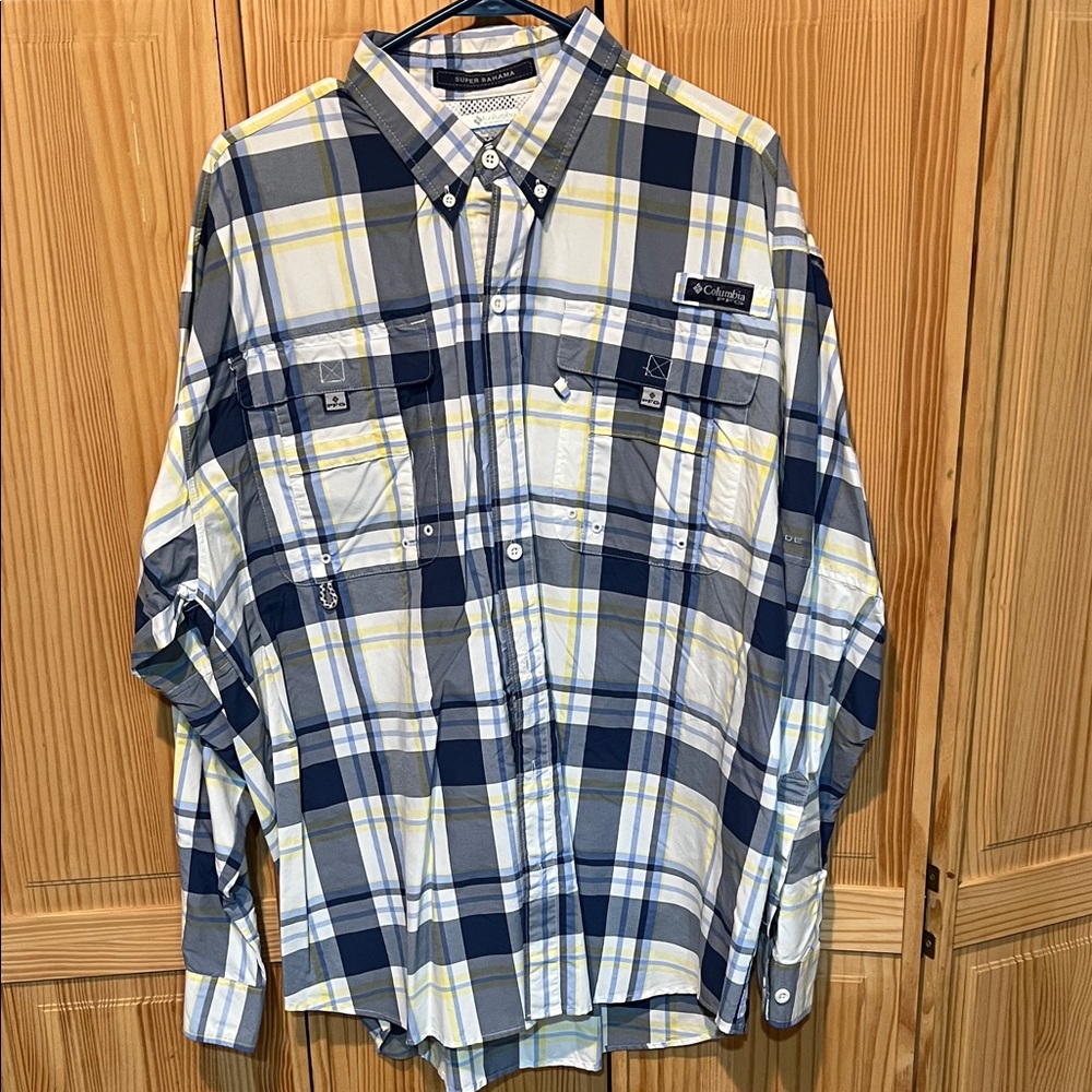PFG Columbia Men's Navy and Yellow Plaid Shirt
